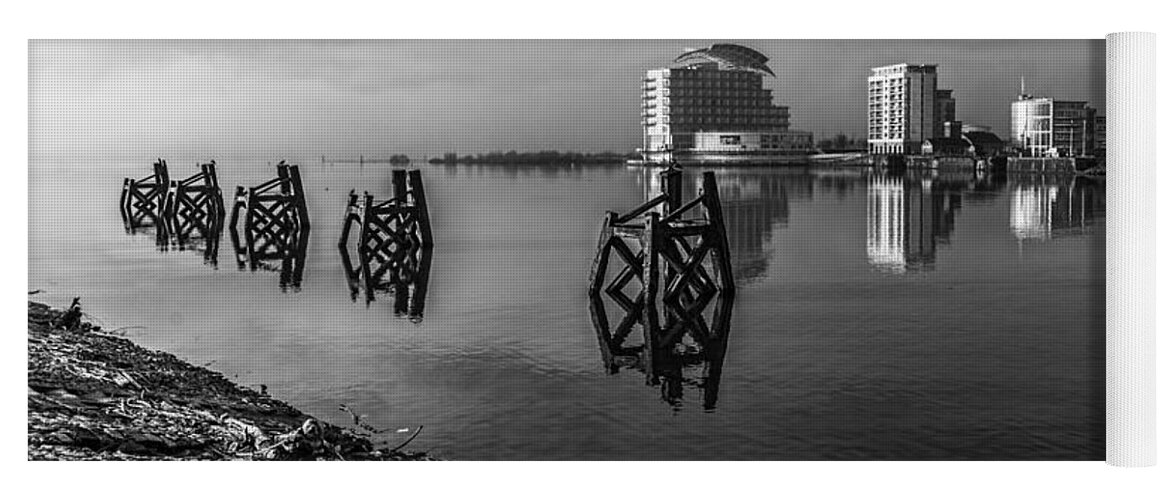 Cardiff Bay Yoga Mat featuring the photograph Fog In The Bay 1 Mono by Steve Purnell