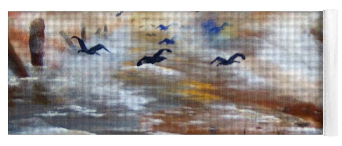 Birds Yoga Mat featuring the painting Foggy Beach by Saundra Johnson