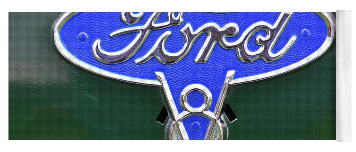 Vintage Yoga Mat featuring the photograph Ford V8 Badge by Mike Martin