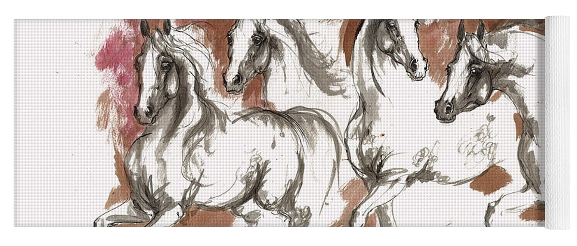 Horse Yoga Mat featuring the painting Four Grey Arabian Horses Ink Painting by Ang El