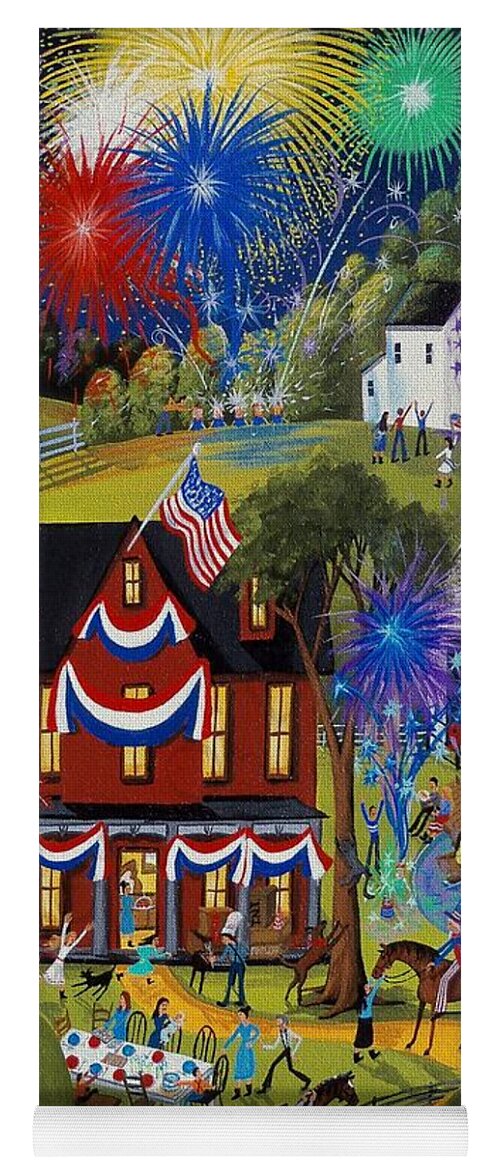 Farm Yoga Mat featuring the painting Fourth Of July - Fireworks on the farm by Debbie Criswell