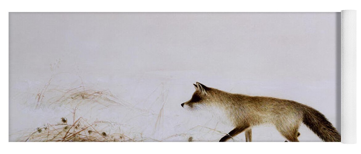 White; Alone; Renard; Neige; Snow; Fox; Animal; Winter; Landscape Yoga Mat featuring the painting Fox in Snow by Jane Neville