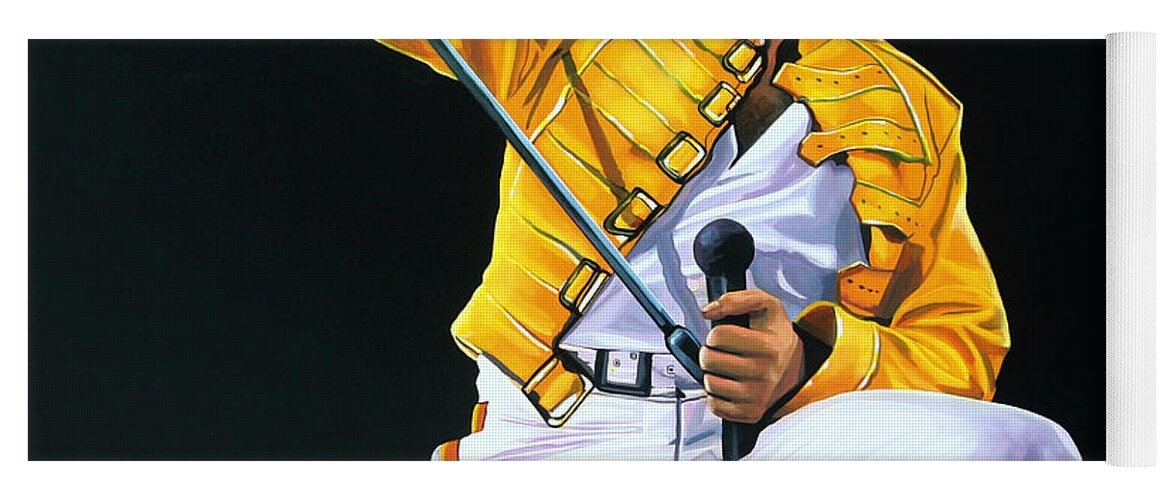 Freddie Mercury Yoga Mat featuring the painting Freddie Mercury Live by Paul Meijering