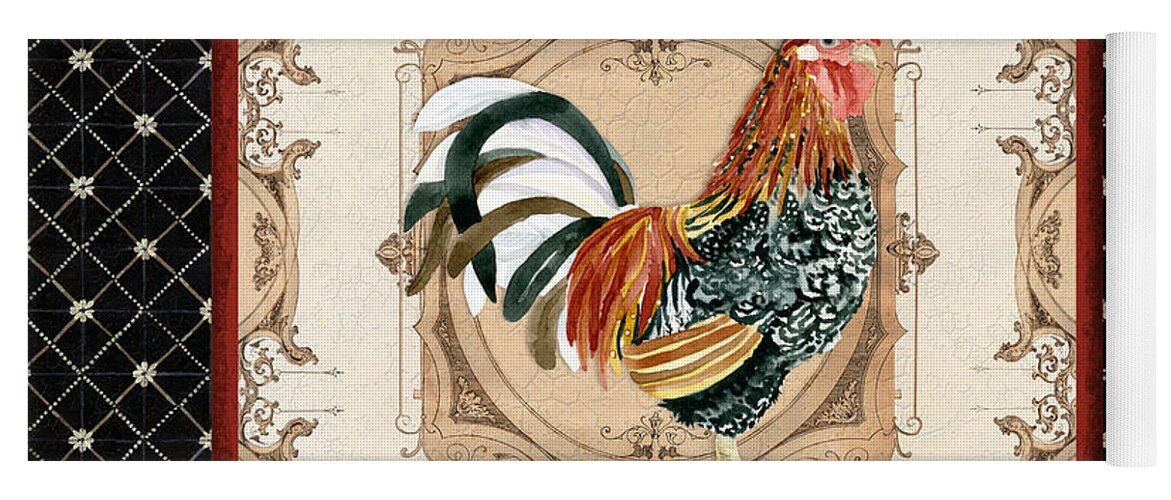 Etched Yoga Mat featuring the painting French Country Roosters Quartet Black 1 by Audrey Jeanne Roberts