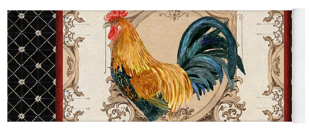 Etched Yoga Mat featuring the painting French Country Roosters Quartet 4 by Audrey Jeanne Roberts