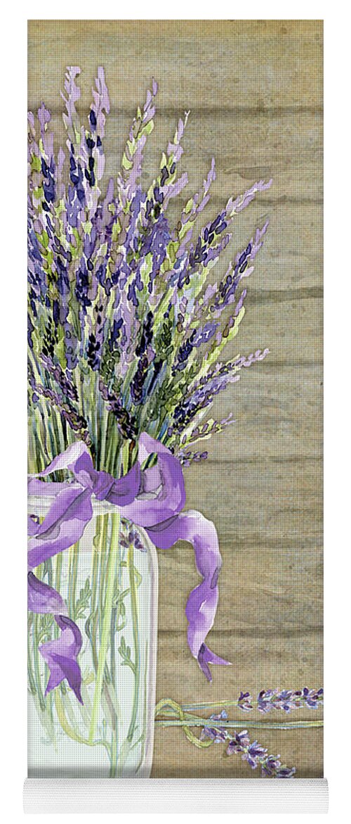 Watercolor Yoga Mat featuring the painting French Lavender Rustic Country Mason Jar Bouquet on Wooden Fence by Audrey Jeanne Roberts