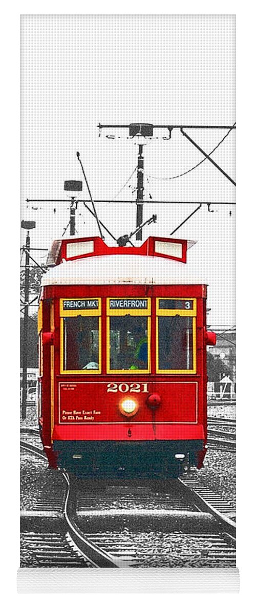 Travelpixpro New Orleans Yoga Mat featuring the photograph French Quarter French Market Cable Car New Orleans Color Splash Black and White with Film Grain by Shawn O'Brien