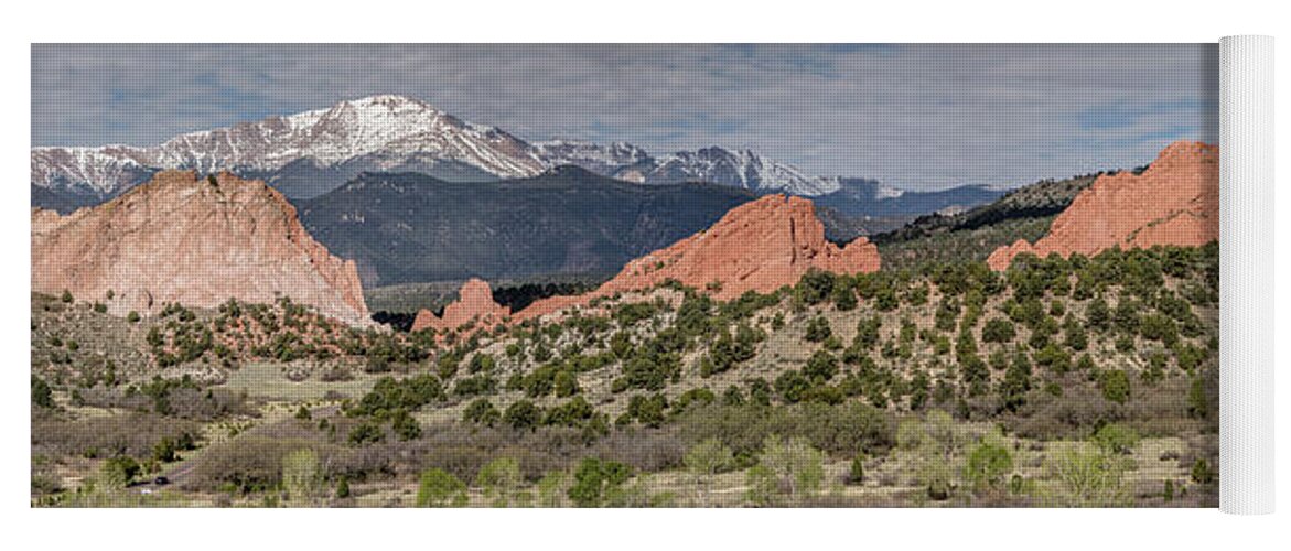 Beautiful Yoga Mat featuring the photograph Garden of the Gods Panorama with Pike's Peak by Teresa Wilson