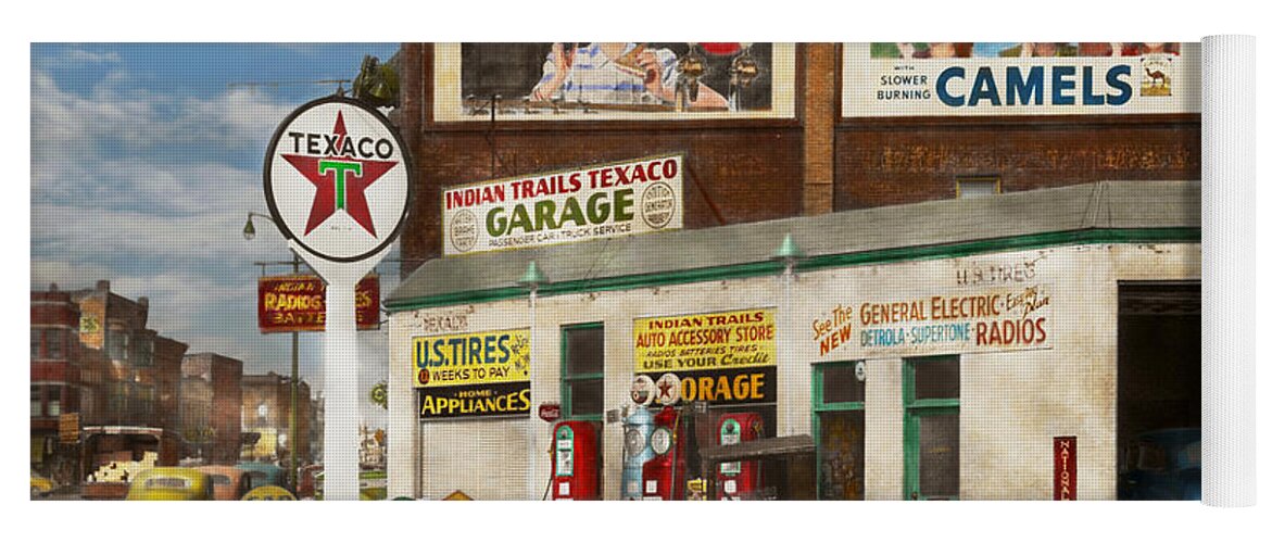 Signs Yoga Mat featuring the photograph Gas Station - Benton Harbor MI - Indian Trails gas station 1940 by Mike Savad