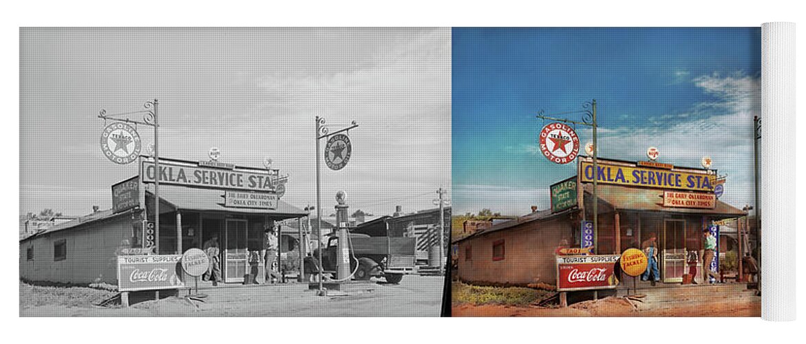 Color Yoga Mat featuring the photograph Gas Station - Oklahoma Service Station 1939 - Side by Side by Mike Savad