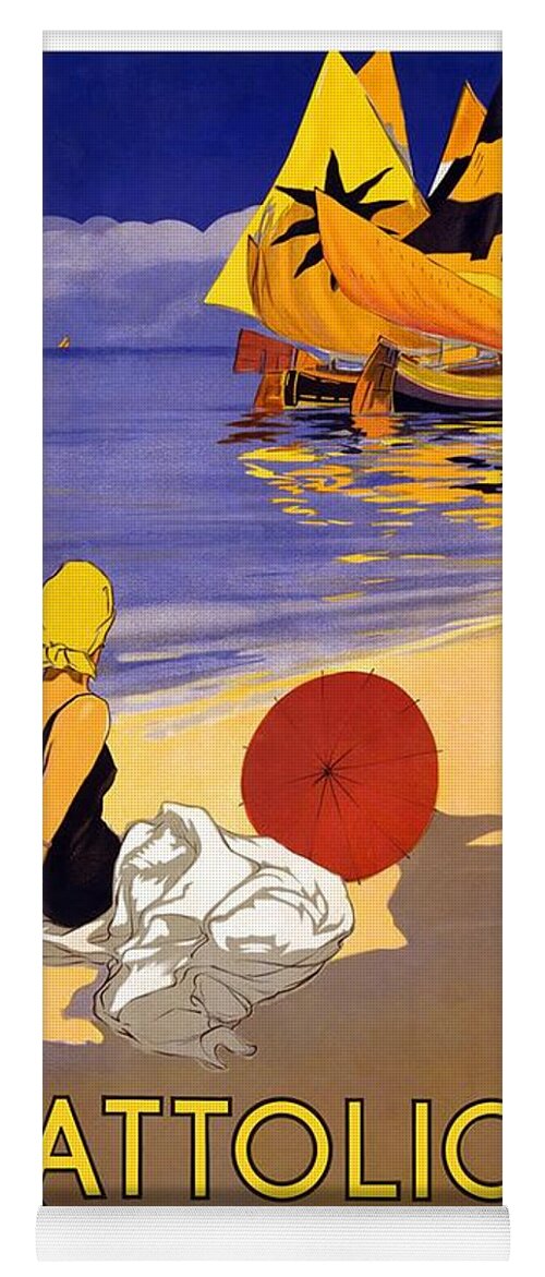 Girl On A Beach Yoga Mat featuring the painting Girl on a beach in Cattolica Rimini Italy - Vintage Travel Poster by Studio Grafiikka