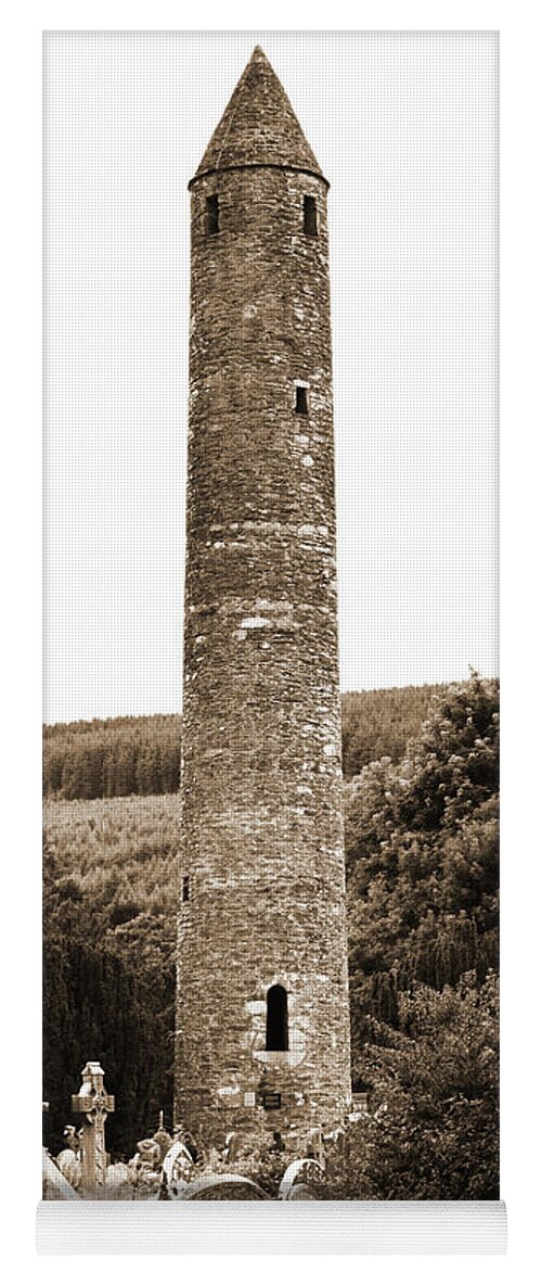 Glendalough Yoga Mat featuring the photograph Glendalough Round Tower Rising Above Irish Graveyard County Wicklow Ireland Sepia by Shawn O'Brien