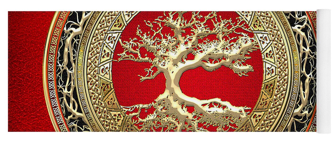 Treasure Trove By By Serge Averbukh Yoga Mat featuring the photograph Gold Celtic Tree Of Life On Red by Serge Averbukh