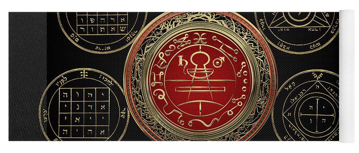 'sacred Symbols' Collection By Serge Averbukh Yoga Mat featuring the digital art Gold Seal of Solomon over Seven Pentacles of Saturn on Black Canvas by Serge Averbukh
