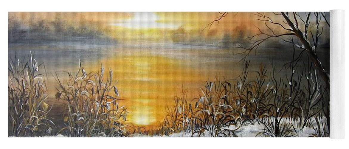 Landscape Yoga Mat featuring the painting Golden lake sunrise by Vesna Martinjak