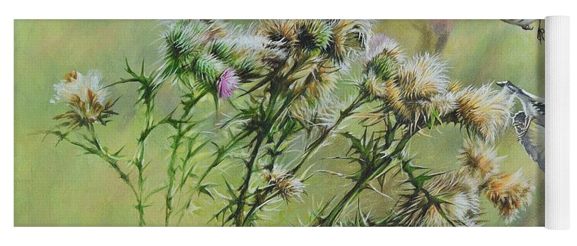 Wildlife Paintings Yoga Mat featuring the painting Goldfinches on Thistle by Alan M Hunt