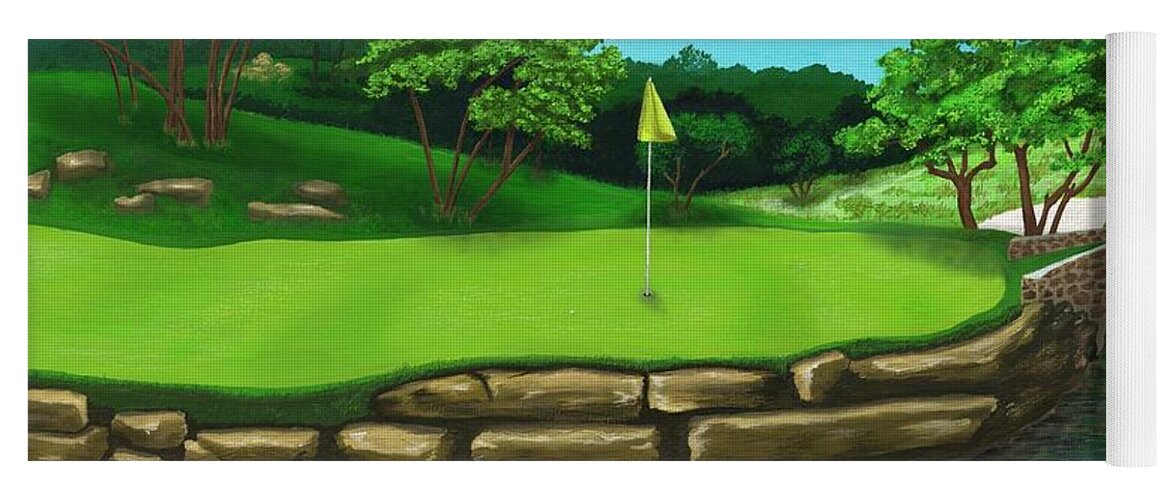 Golf Yoga Mat featuring the digital art Golf Green Hole 16 by Troy Stapek