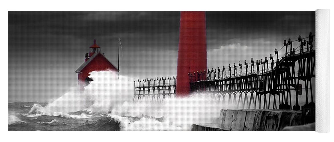 Lighthouse Yoga Mat featuring the photograph Grand Haven Lighthouse in a Rain Storm by Randall Nyhof