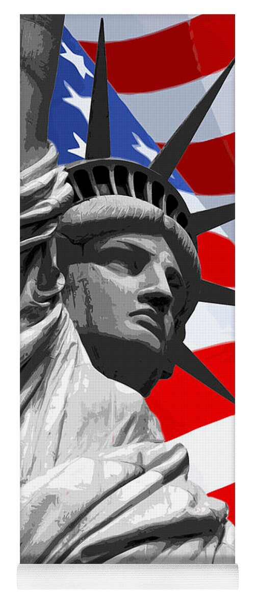 Statue Of Liberty Yoga Mat featuring the painting Graphic Statue of Liberty with American Flag by Elaine Plesser