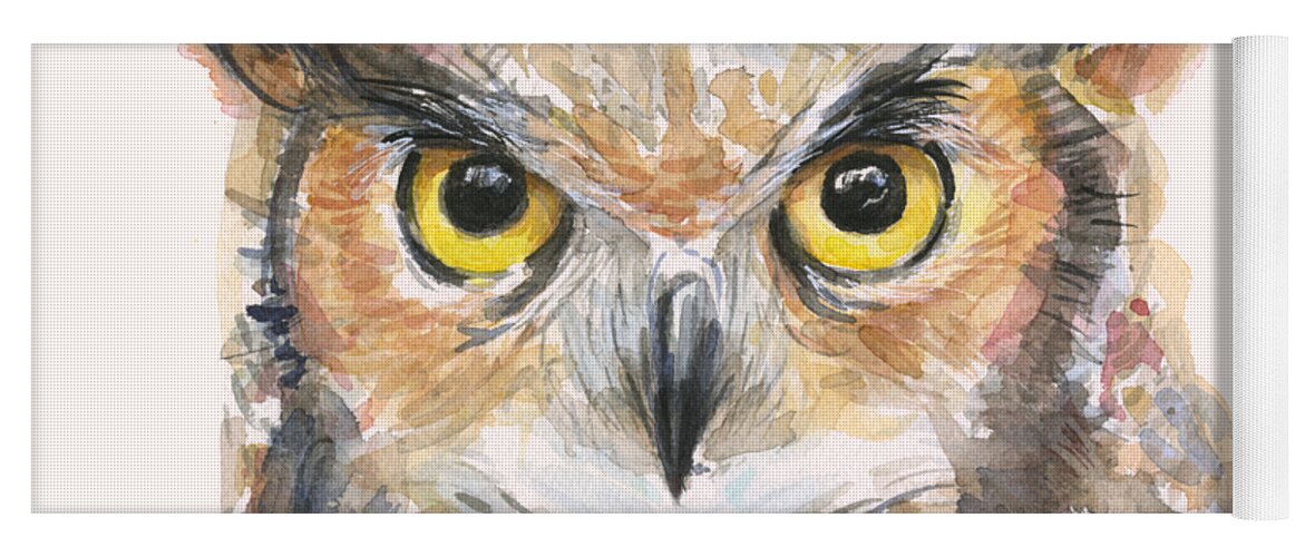 Owl Yoga Mat featuring the painting Great Horned Owl Watercolor by Olga Shvartsur