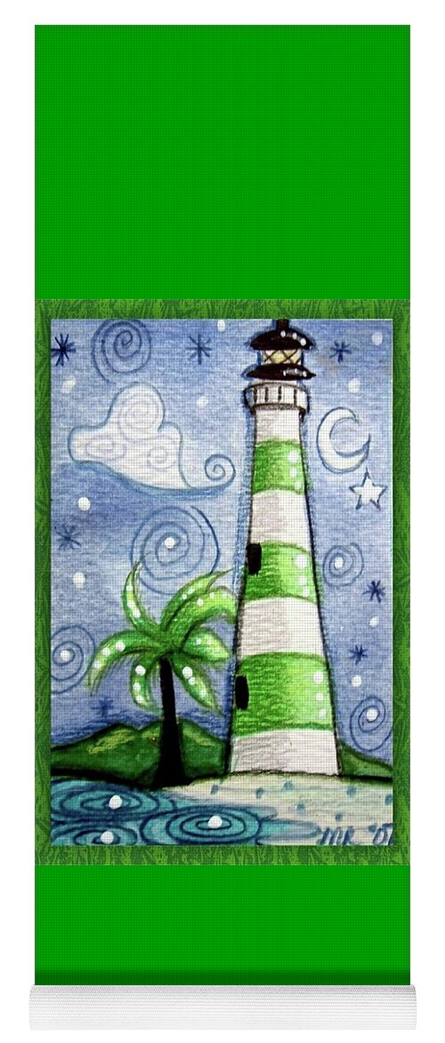 Lighthouse Yoga Mat featuring the painting Green and White Tropical Lighthouse by Monica Resinger