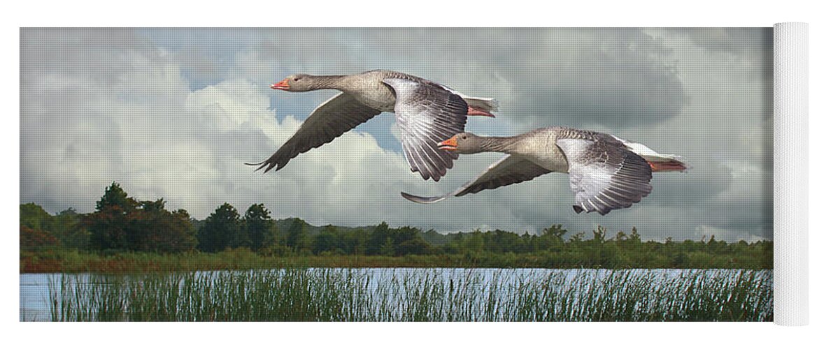 Birds Yoga Mat featuring the digital art Greylag Geese in Flight by M Spadecaller