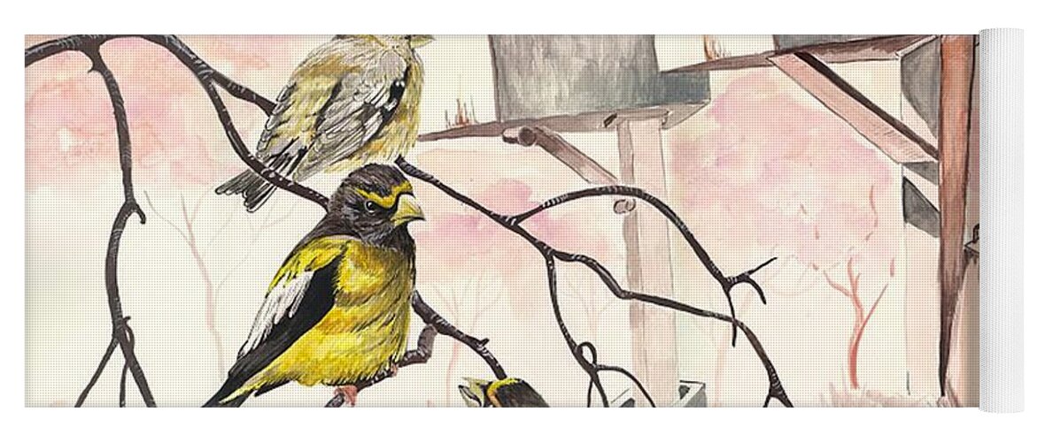 Grosbeaks Yoga Mat featuring the painting Grosbeaks by Darren Cannell