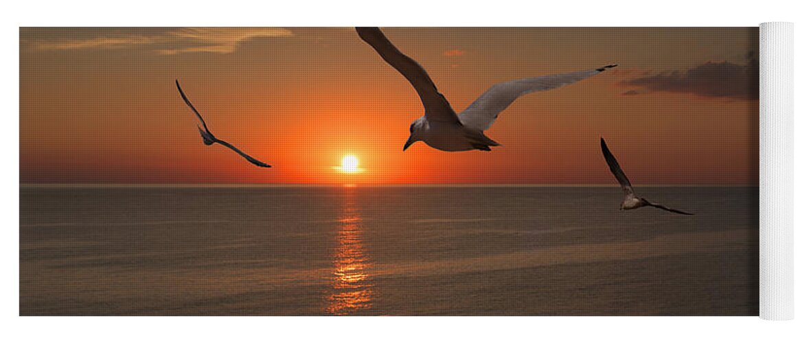 Gull Yoga Mat featuring the photograph Gulls Flying towards the Sun by Randall Nyhof