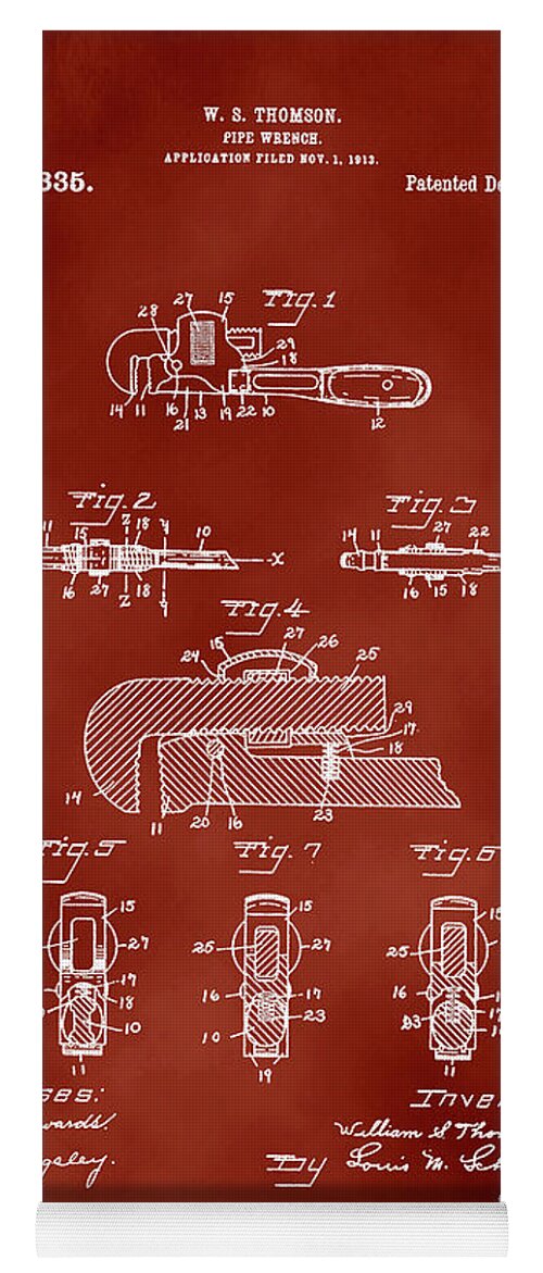 H D Smith Yoga Mat featuring the digital art H. D. Smith Perfect Handle Pipe Wrench Patent White on Red by David Smith
