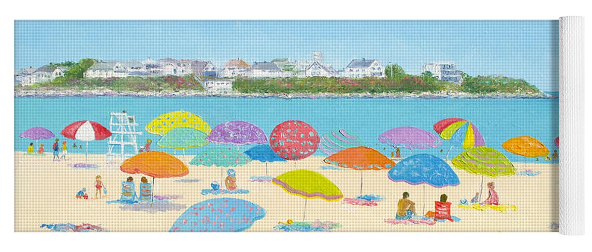 Hampton Beach Yoga Mat featuring the painting Hampton Beach Umbrellas by Jan Matson