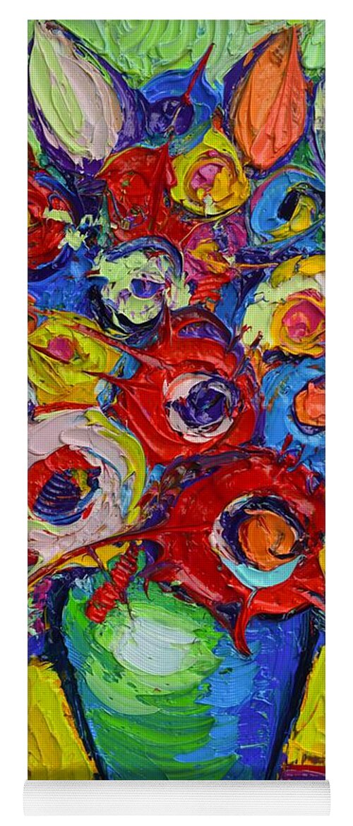 Abstract Yoga Mat featuring the painting Happy Bouquet Of Poppies And Colorful Wildflowers On Round Yellow Table Impasto Abstract Flowers by Ana Maria Edulescu