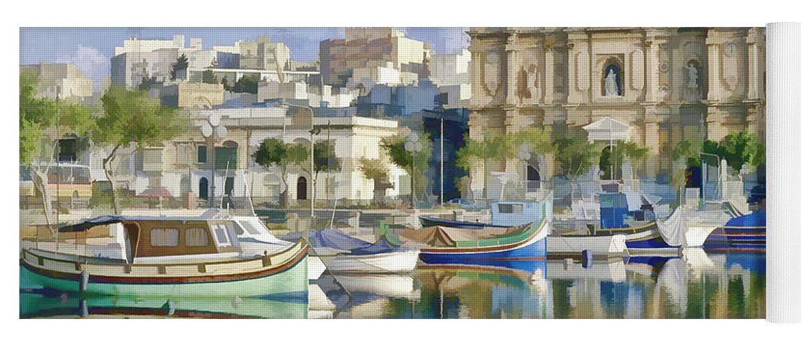 Landscape Yoga Mat featuring the painting Harborside Msida Malta by Dean Wittle