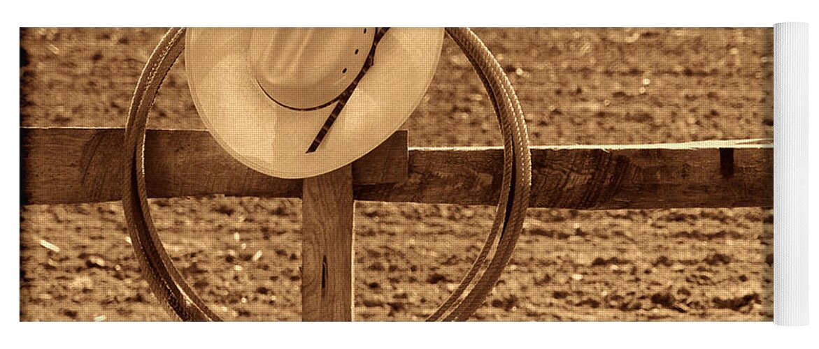 Western Yoga Mat featuring the photograph Hat and Lasso on a Fence by American West Legend By Olivier Le Queinec