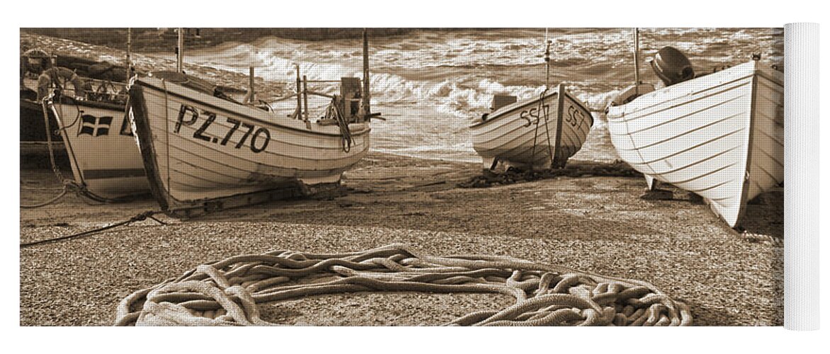 Harbor Yoga Mat featuring the photograph High Tide In Sennen Cove Sepia by Terri Waters