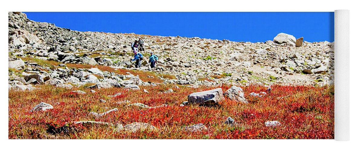 Mount Yale Yoga Mat featuring the photograph Hikers and Autumn Tundra on Mount Yale Colorado by Steven Krull