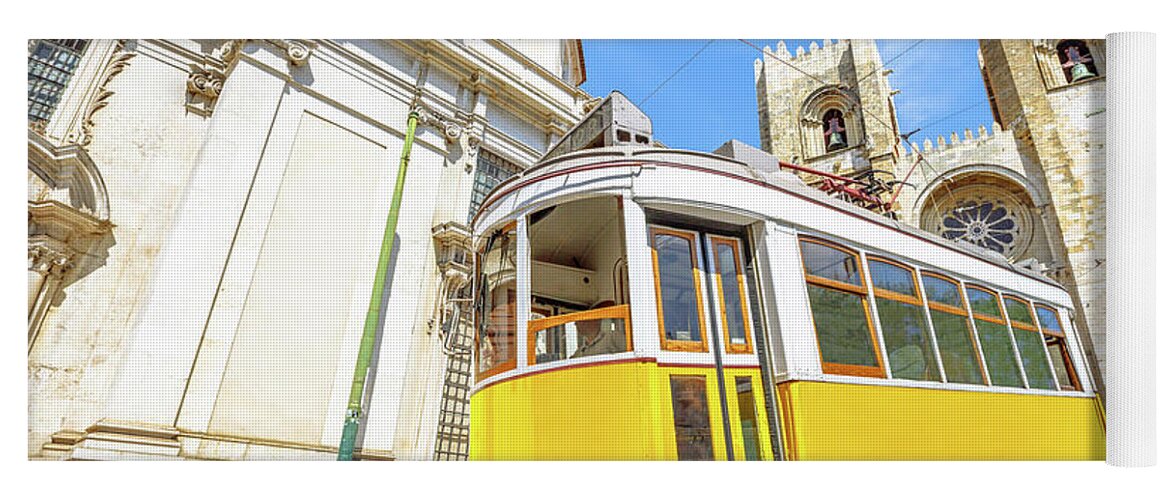 Lisbon Yoga Mat featuring the photograph Historic tram and Lisbon Cathedral by Benny Marty