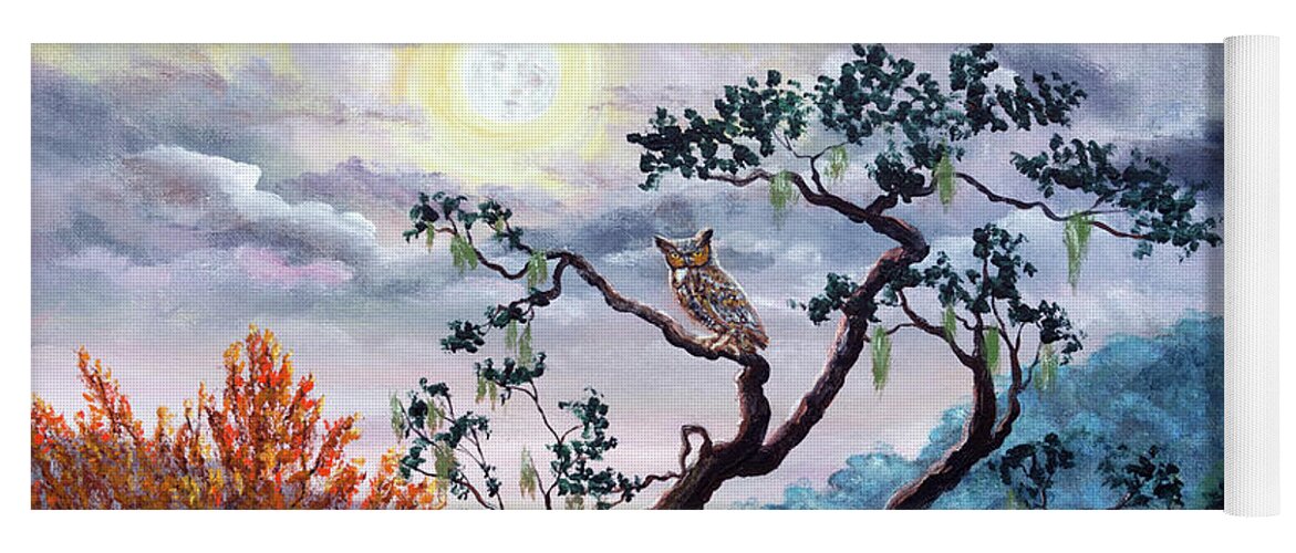 Rancho San Antonio Yoga Mat featuring the painting Horned Owl on Moonlit Oak Tree by Laura Iverson
