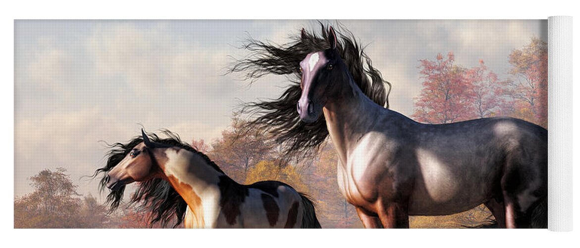 Horses In Fall Yoga Mat featuring the digital art Horses in Fall by Daniel Eskridge