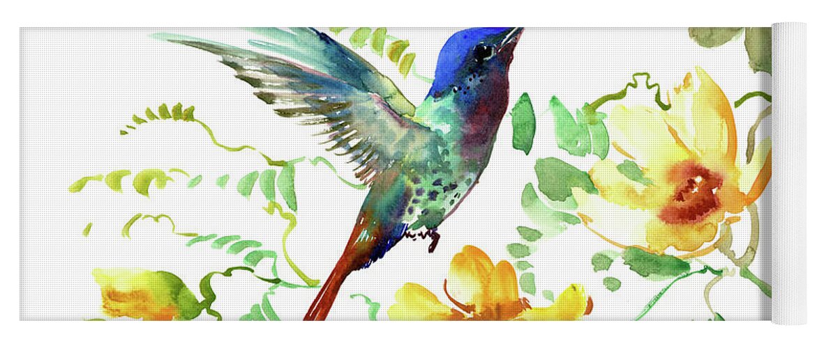 Hummingbird Yoga Mat featuring the painting Hummibgbird and Yellow Flowers by Suren Nersisyan