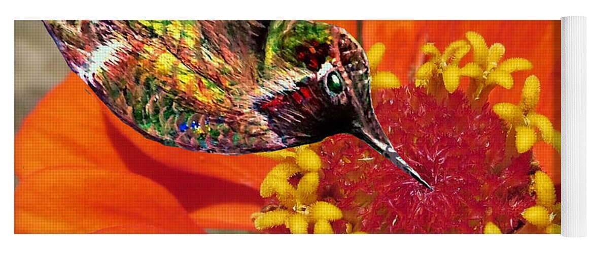 Ruby Throated Hummingbird Flying A Bright Orange Zinnia In Search Of Nectar Nature Scene Bird Artwork Flower Artwork Acrylic And Photograph Mixed Media Work Yoga Mat featuring the painting Hummingbird Delight by Kimberlee Baxter
