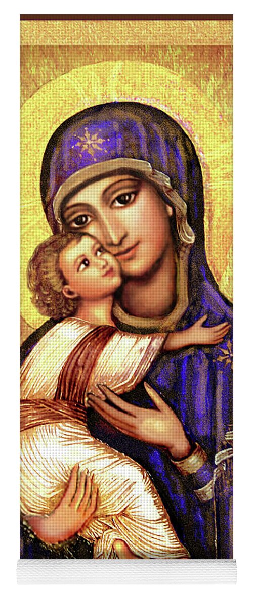 Mary And Jesus Yoga Mat featuring the mixed media Icon Madonna and Infant Jesus by Ananda Vdovic