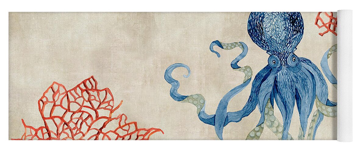Octopus Yoga Mat featuring the painting Indigo Ocean - Octopus Floating Amid Red Fan Coral by Audrey Jeanne Roberts