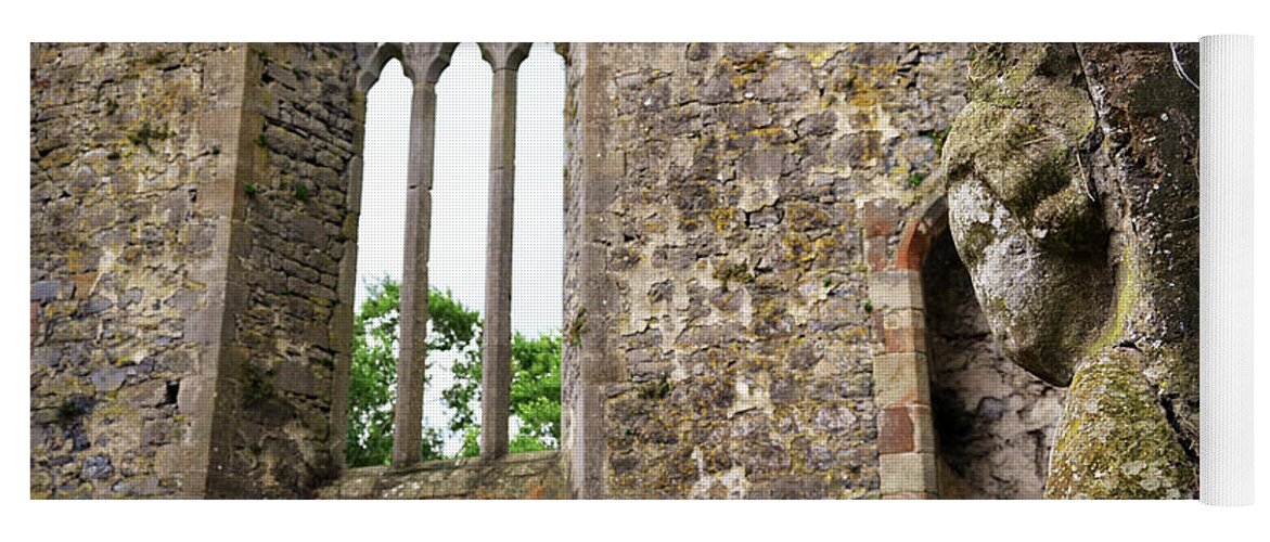 Athassel Yoga Mat featuring the photograph Ireland Athassel Priory Tipperary Medieval Ruins Profile of St Joseph Statue Gothic Window by Shawn O'Brien