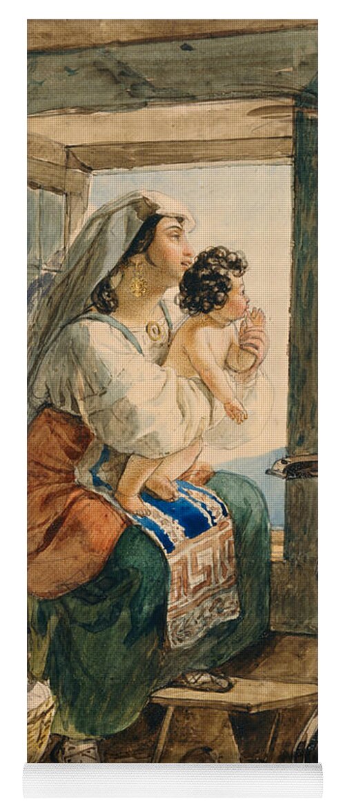 19th Century Art Yoga Mat featuring the drawing Italian Woman with Child at Window by Karl Bryullov