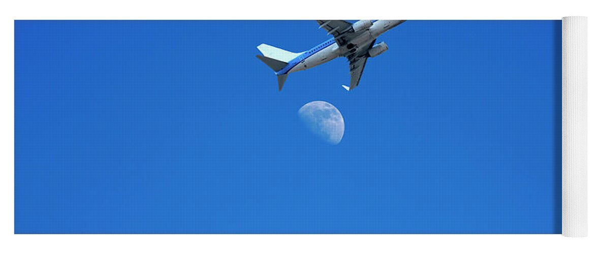 Jet Yoga Mat featuring the photograph Jet plane flying over the moon by Steve Ball