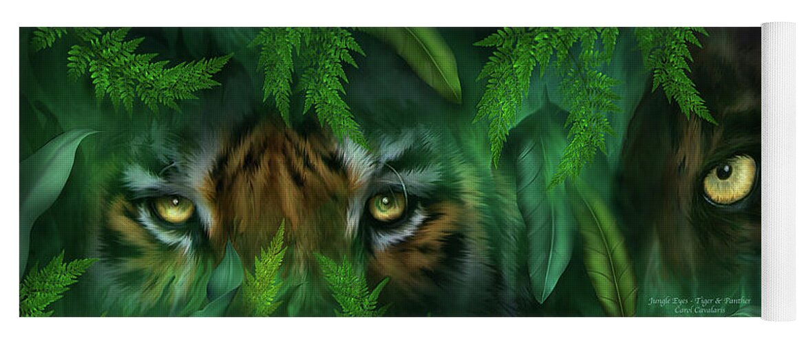 Big Cat Art Yoga Mat featuring the mixed media Jungle Eyes - Tiger And Panther by Carol Cavalaris