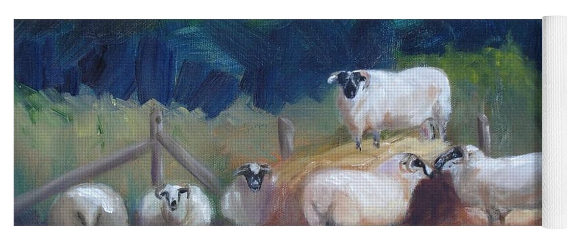 Sheep Yoga Mat featuring the painting King of Green Hill Farm by Donna Tuten