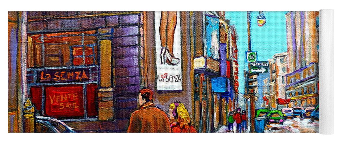 Montreal Yoga Mat featuring the painting La Senza Lingerie Rue Stanley Downtown Montreal Landmark Montreal Carole Spandau by Carole Spandau