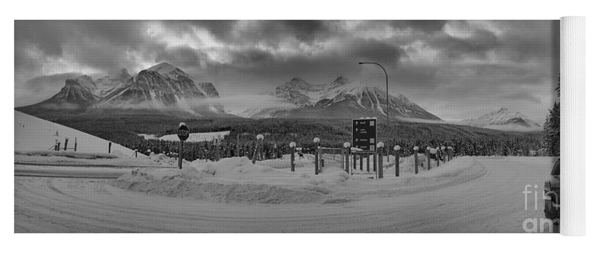 Black And White Yoga Mat featuring the photograph Lake Louise Subaru Outback by Adam Jewell