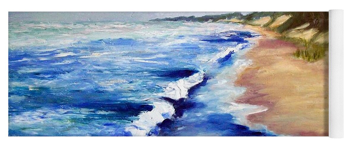 Whitecaps Yoga Mat featuring the painting Lake Michigan Beach with Whitecaps by Michelle Calkins
